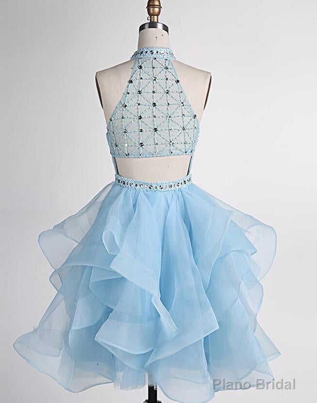 Light Blue Beaded Layers Knee Length Party Dress, Blue Homecoming Dress Short Prom Dress Main image
