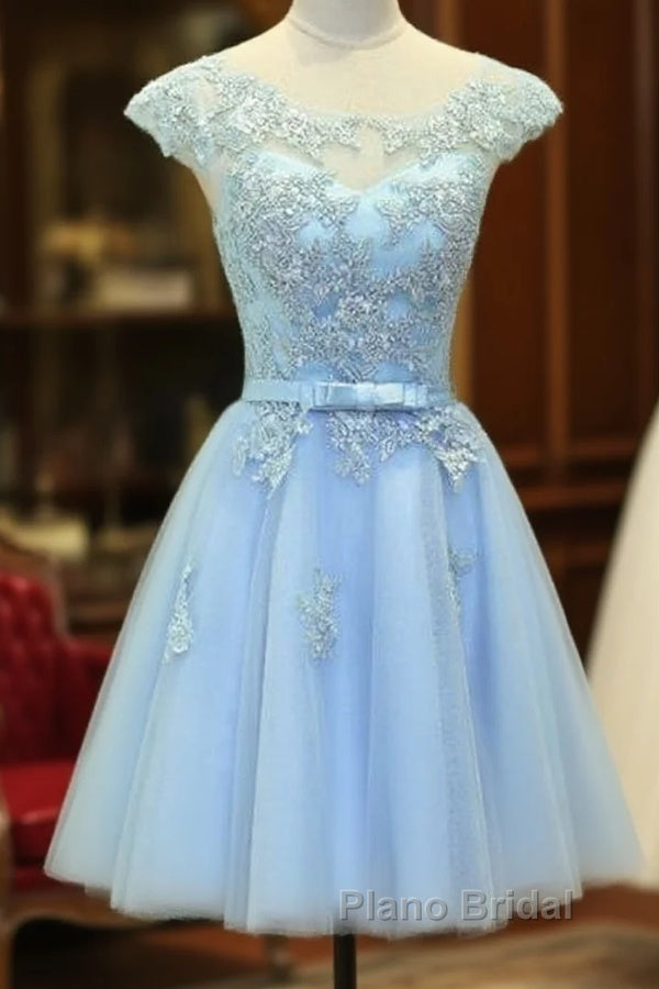 Light Blue Cap Sleeves Tea Length Vintage Style Formal Dresses, Blue Homecoming Dresses Main image