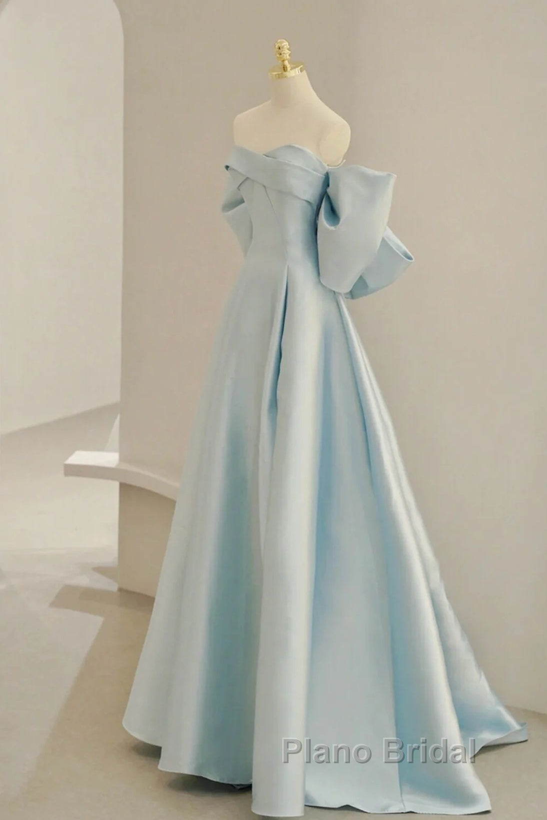 Light Blue Chic Satin Off Shoulder Long Party Dresses, A-Line Light Blue Formal Dresses Secondary image