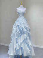 Light Blue Fashion Fairy Low Back Long Party Dresses, Light Blue Formal Prom Dresses