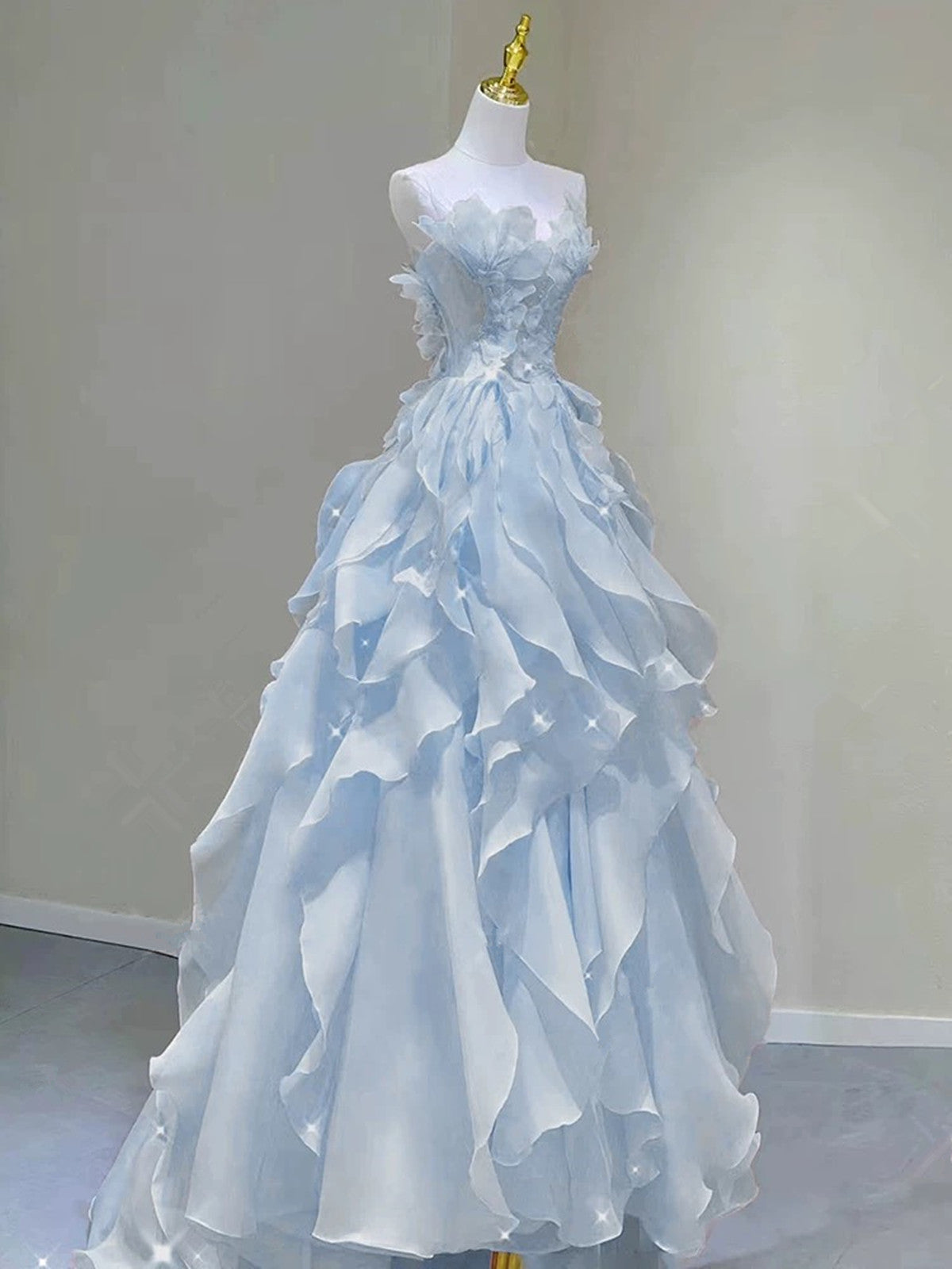 Light Blue Fashion Fairy Low Back Long Party Dresses, Light Blue Formal Prom Dresses