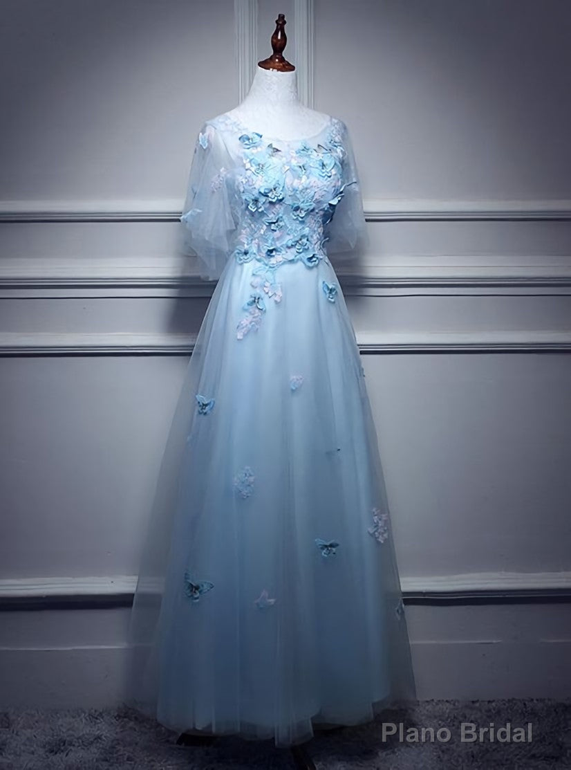 Light Blue Flowers Long Party Dress, A-line Tulle Party Dress Evening Dress Secondary image