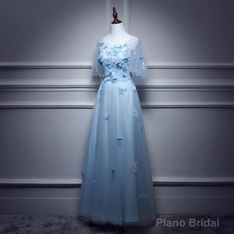 Light Blue Flowers Long Party Dress, A-line Tulle Party Dress Evening Dress