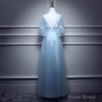 Light Blue Flowers Long Party Dress, A-line Tulle Party Dress Evening Dress
