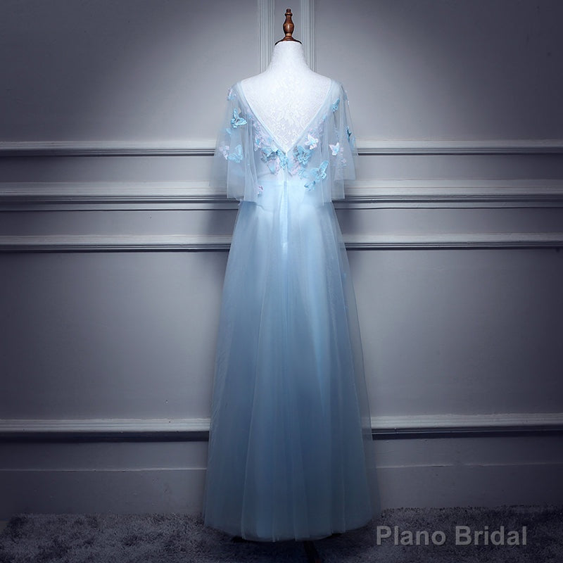 Light Blue Flowers Long Party Dress, A-line Tulle Party Dress Evening Dress
