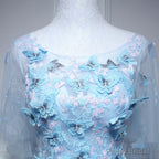 Light Blue Flowers Long Party Dress, A-line Tulle Party Dress Evening Dress