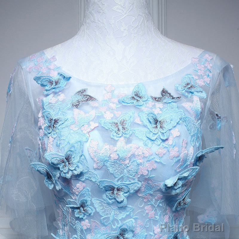 Light Blue Flowers Long Party Dress, A-line Tulle Party Dress Evening Dress