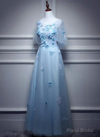 Light Blue Flowers Long Party Dress, A-line Tulle Party Dress Evening Dress