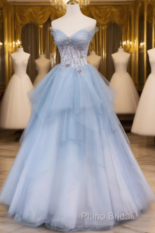 Light Blue Gradient Tulle With Beaded Long Formal Dresses, Light Blue Long Formal Prom Dresses Main image