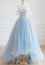 Light Blue High Low Tulle Sweetheart Formal Prom Dresses, Light Blue Homecoming Dresses