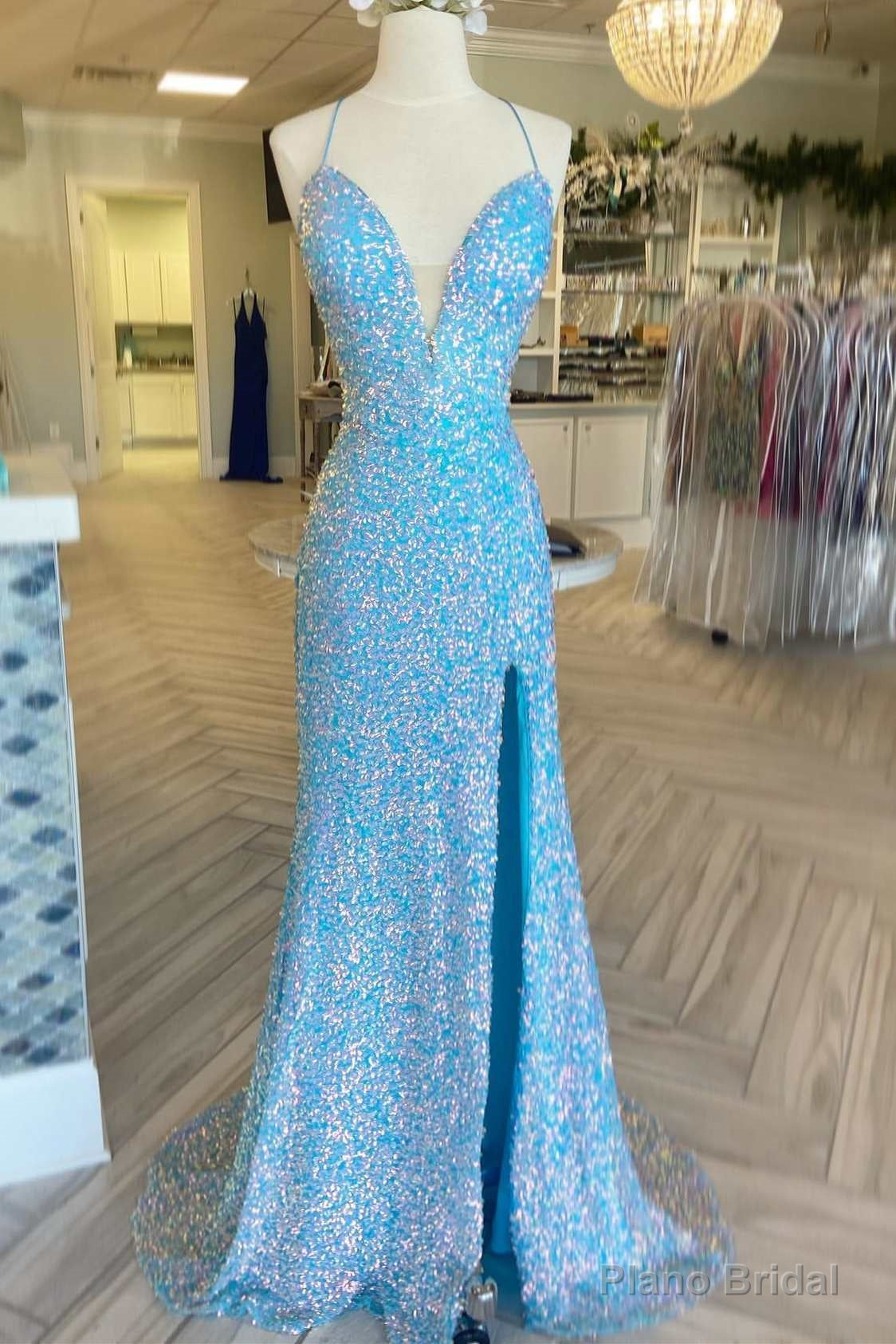 Light Blue Iridescent Sequin Lace-Up Long Prom Dress with Slit Main image