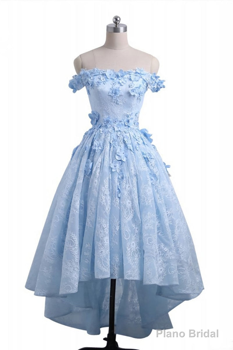Light Blue Lace High Low Homecoming Dress,Floral Prom Dresses Main image