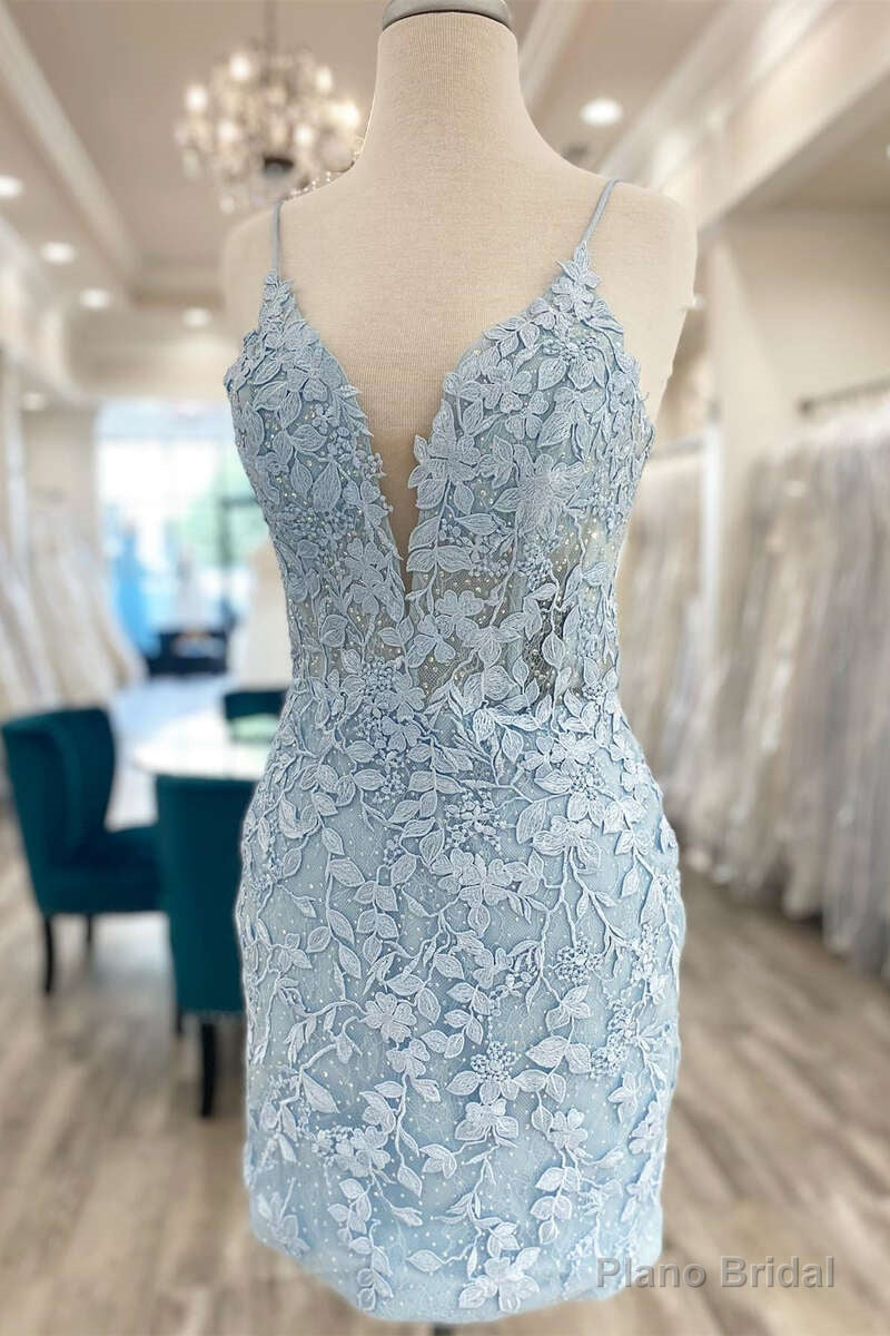 Light Blue Lace Homecoming Dress Dinner Dress Evening Short Main image