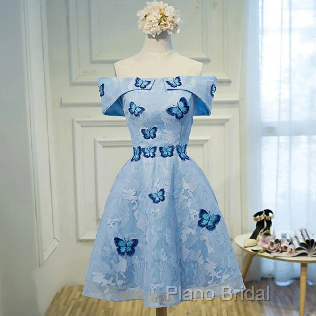 Light Blue Lace With Butterflies Short Homecoming Dresses, Blue Formal Prom Dresses Secondary image