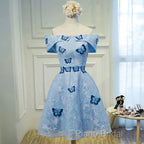 Light Blue Lace With Butterflies Short Homecoming Dresses, Blue Formal Prom Dresses