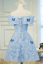 Light Blue Lace With Butterflies Short Homecoming Dresses, Blue Formal Prom Dresses