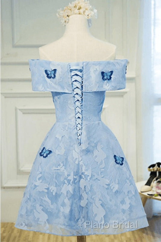 Light Blue Lace With Butterflies Short Homecoming Dresses, Blue Formal Prom Dresses
