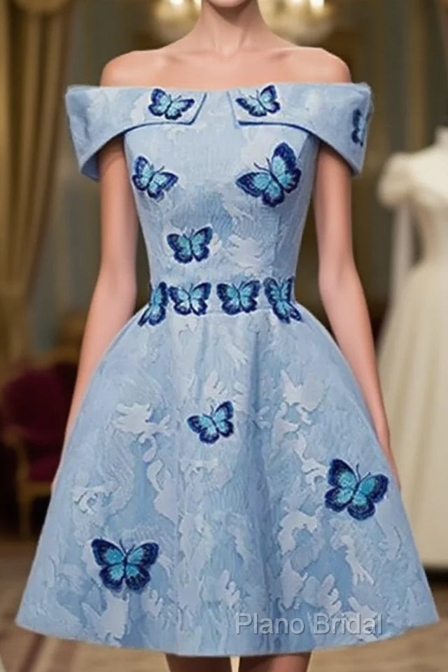 Light Blue Lace With Butterflies Short Homecoming Dresses, Blue Formal Prom Dresses Main image