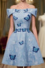 Light Blue Lace With Butterflies Short Homecoming Dresses, Blue Formal Prom Dresses