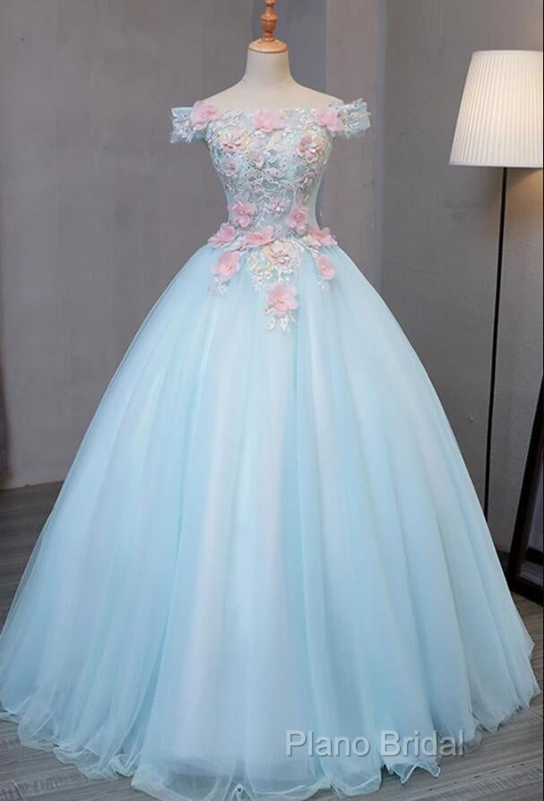 Light Blue Long Floral Tulle Sweet 16 Dresses, Quinceanera Dresses Secondary image