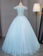 Light Blue Long Floral Tulle Sweet 16 Dresses, Quinceanera Dresses