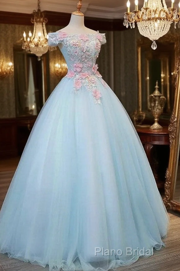 Light Blue Long Floral Tulle Sweet 16 Dresses, Quinceanera Dresses Main image