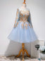Light Blue Long Sleeves with Gold Lace Cute Homecoming Dress, Blue Short Prom Dress