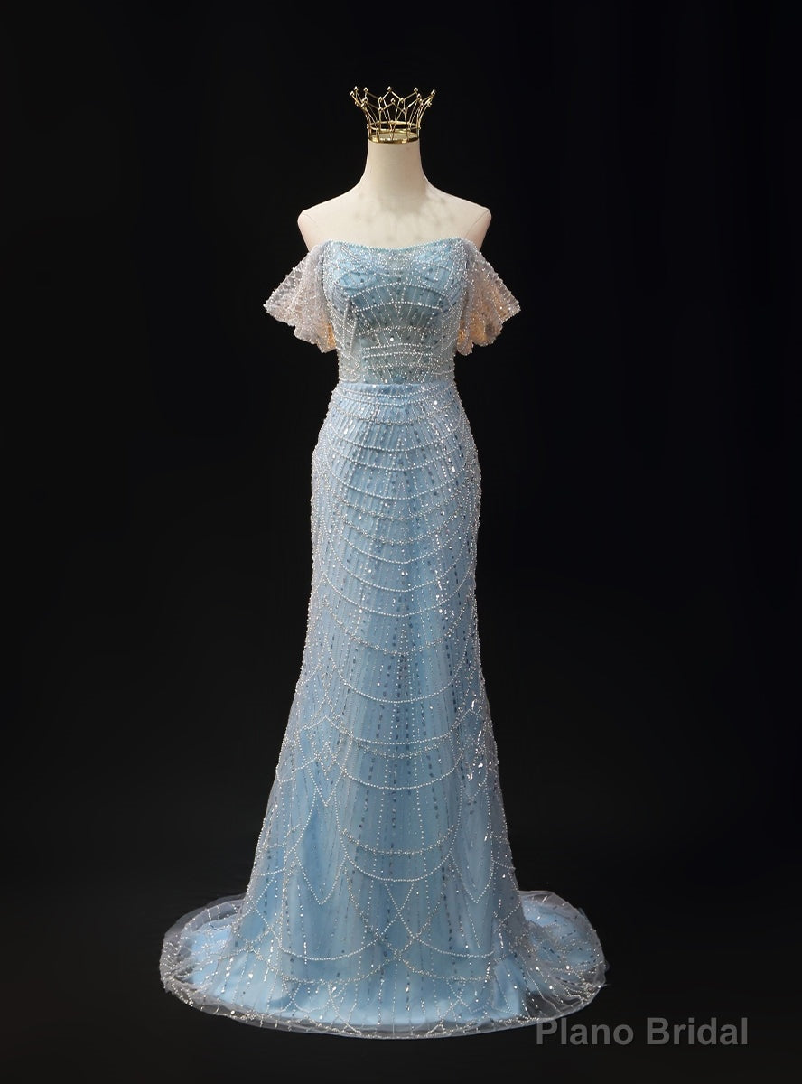 Light Blue Mermaid Sequins Pearls Prom Dress Main image