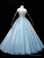 Light Blue Off Shoulder Flowers Tulle Long Party Dress, Light Blue Sweet 16 Dress