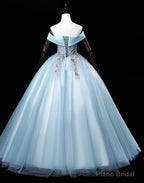 Light Blue Off Shoulder Flowers Tulle Long Party Dress, Light Blue Sweet 16 Dress