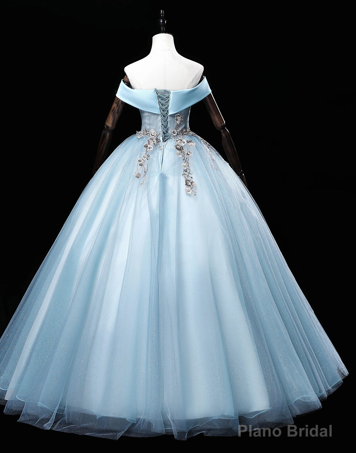 Light Blue Off Shoulder Flowers Tulle Long Party Dress, Light Blue Sweet 16 Dress