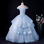 Light Blue Off Shoulder Lace Applique Ball Gown Formal Dresses, Blue Sweet 16 Gown