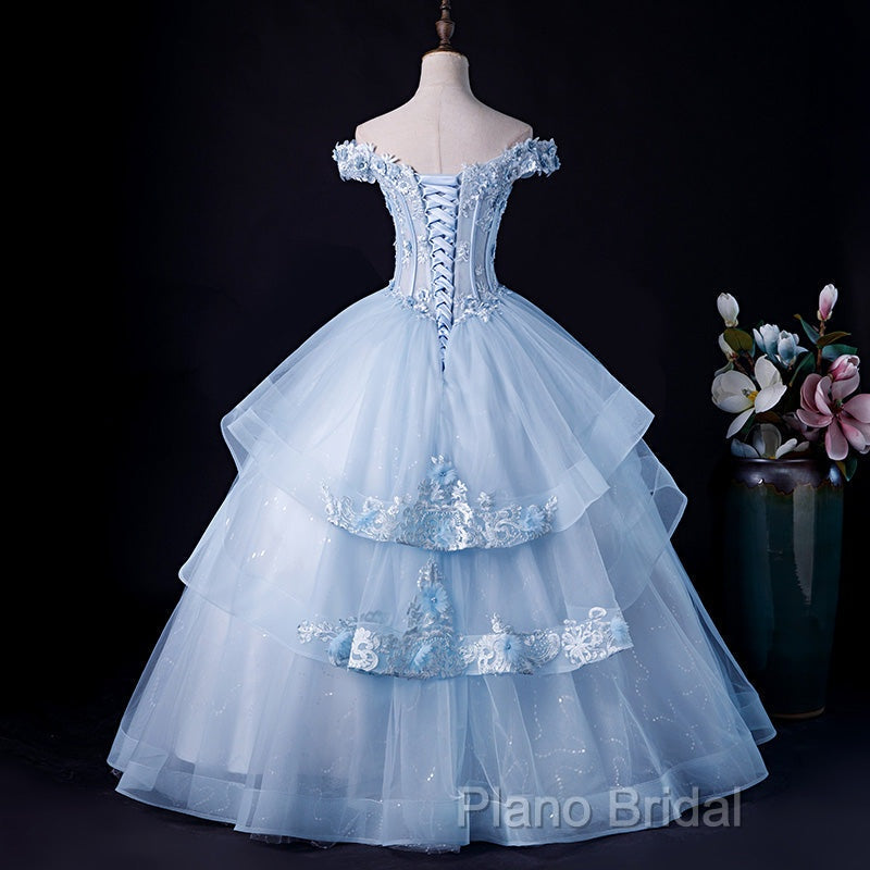 Light Blue Off Shoulder Lace Applique Ball Gown Formal Dresses, Blue Sweet 16 Gown