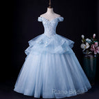Light Blue Off Shoulder Lace Applique Ball Gown Formal Dresses, Blue Sweet 16 Gown