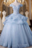 Light Blue Off Shoulder Lace Applique Ball Gown Formal Dresses, Blue Sweet 16 Gown