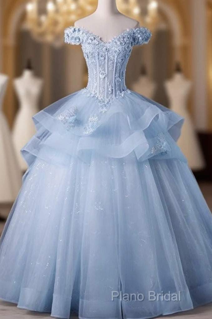 Light Blue Off Shoulder Lace Applique Ball Gown Formal Dresses, Blue Sweet 16 Gown Main image