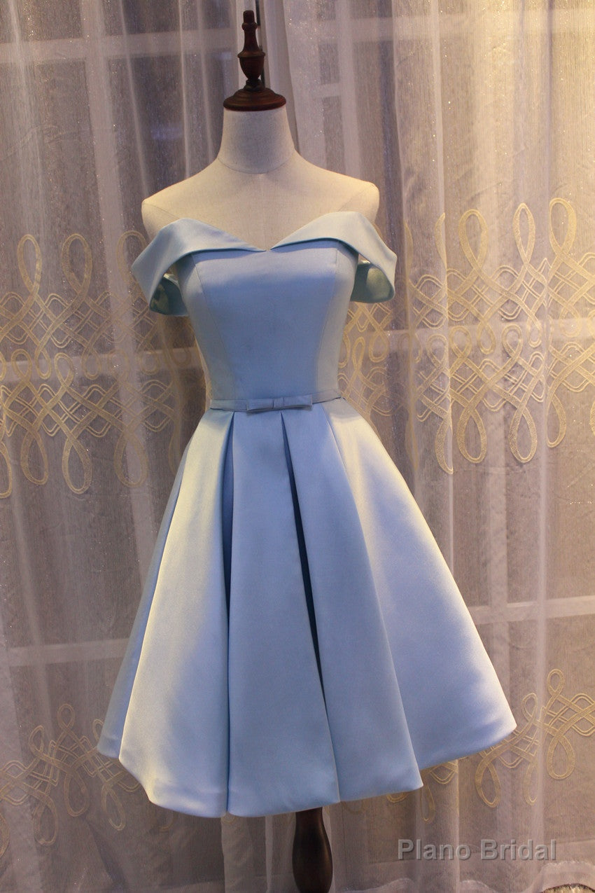 Light Blue Off Shoulder Satin Bridesmaid Dress, Blue Short Formal Dress