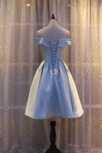 Light Blue Off Shoulder Satin Bridesmaid Dress, Blue Short Formal Dress