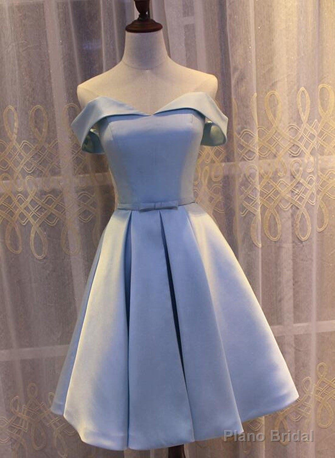 Light Blue Off Shoulder Satin Bridesmaid Dress, Blue Short Formal Dress Secondary image