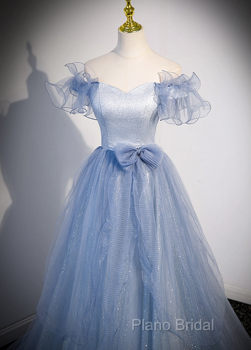 Light Blue Off Shoulder Tulle Sweetheart Formal Dresses, Light Blue A-Line Formal Prom Dresses