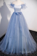 Light Blue Off Shoulder Tulle Sweetheart Formal Dresses, Light Blue A-Line Formal Prom Dresses