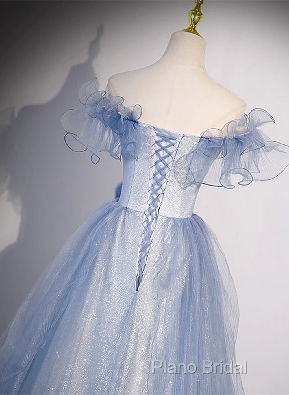 Light Blue Off Shoulder Tulle Sweetheart Formal Dresses, Light Blue A-Line Formal Prom Dresses