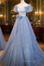 Light Blue Off Shoulder Tulle Sweetheart Formal Dresses, Light Blue A-Line Formal Prom Dresses