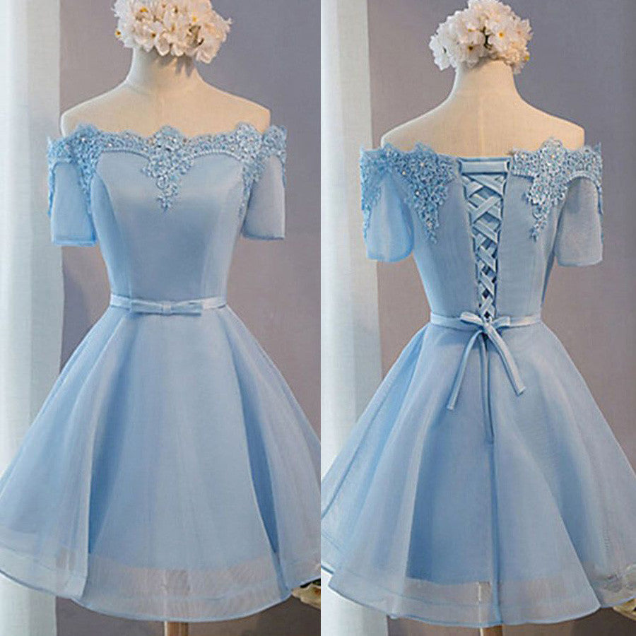 Light Blue off shoulder with short sleeve lace lovely homecoming Formal Prom Dresses
