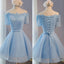 Light Blue off shoulder with short sleeve lace lovely homecoming Formal Prom Dresses