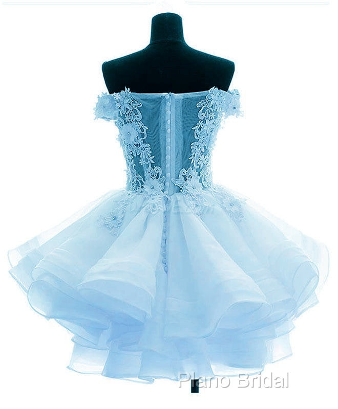 Light Blue Organza With Flower And Lace Short Party Dresses, Blue Homecoming Dresses Secondary image