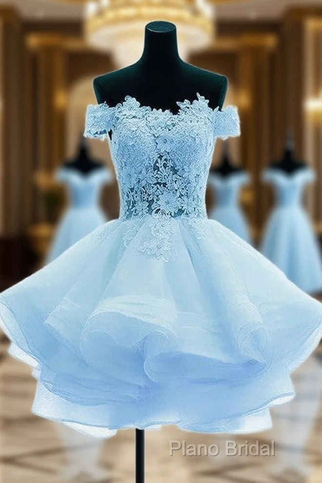 Light Blue Organza With Flower And Lace Short Party Dresses, Blue Homecoming Dresses Main image