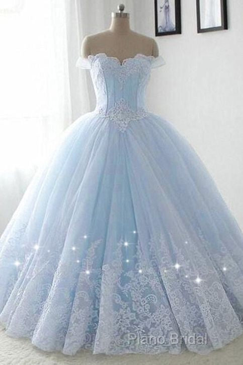 Light Blue Princess Ball Gown Sweet 16 Gown, Tulle Formal Dresses With Lace Applique