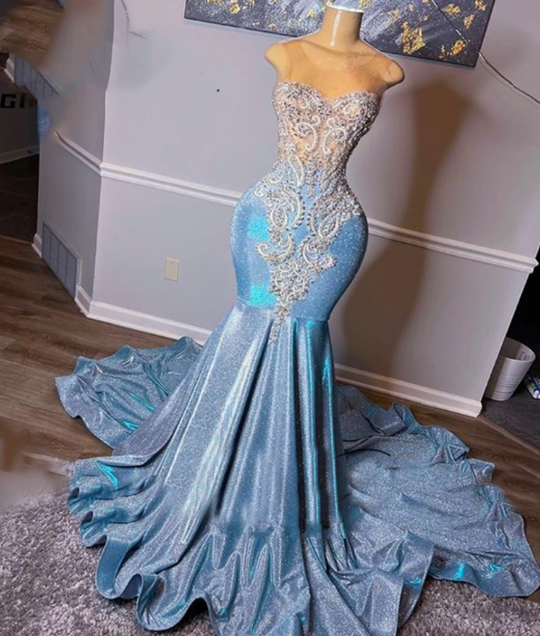 Light Blue Formal Prom Dresses, Crystal Formal Evening Dresses, Sequins Formal Evening Gowns, Mermaid Formal Prom Dresses