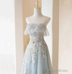 Light Blue Prom Dresses Fairy,Long Blue Tulle Floral Appliques Formal Dresses